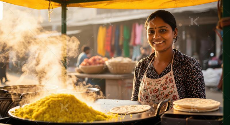 Smiling Indian Woman Cooking Fresh Street Food in Vibrant Market