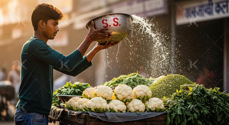 Young Man Cleans Cauliflower at Sunny Outdoor Market Stall