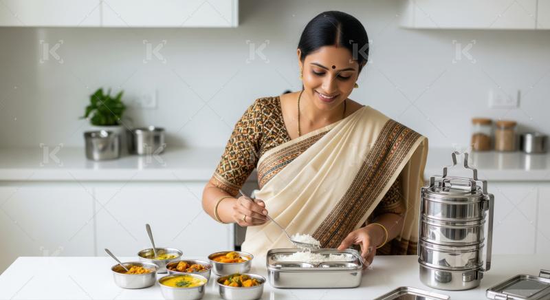 Indian Woman Prepares Traditional Homemade Lunchbox in Modern Ki