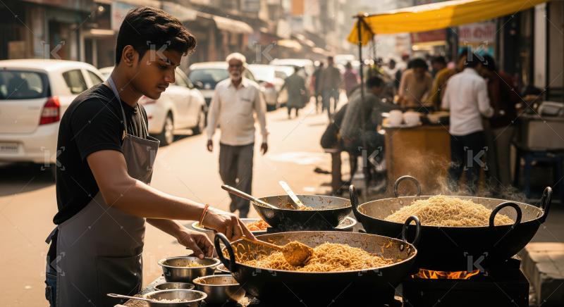 Young Chef Cooking Delicious Noodles at Bustling Indian Stall