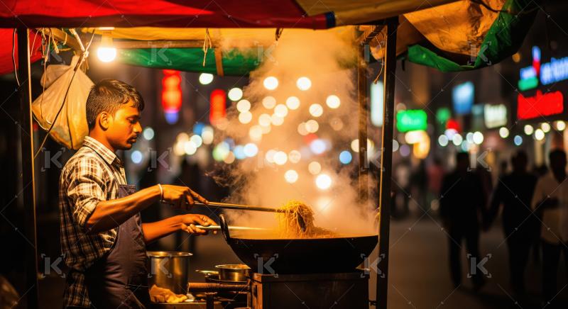 Indian Street Chef Cooking Noodles at Night Food Stall