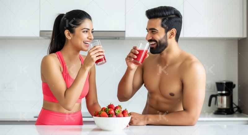 Happy couple enjoying fresh strawberry juice in modern kitchen