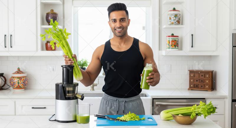 Happy Man Making Fresh Healthy Celery Juice in Kitchen