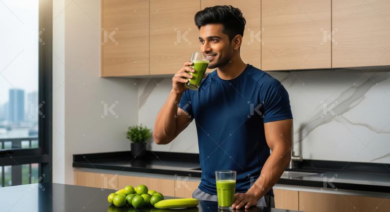 Handsome Man Enjoys Healthy Green Smoothie in Modern Kitchen.