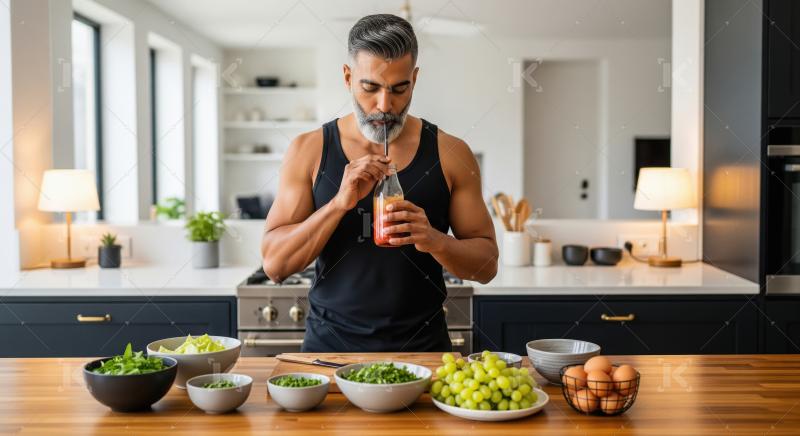 Man enjoys healthy smoothie in modern kitchen setting