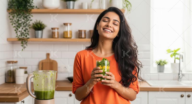 Young Woman Enjoying Healthy Green Smoothie in Modern Kitchen