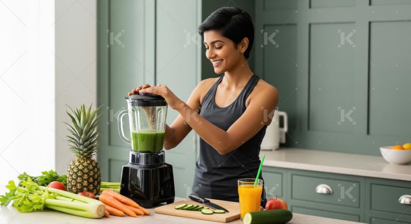 Happy Woman Blending Fresh Green Smoothie for Healthy Lifestyle