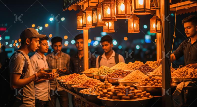 Lively Indian Night Market: Friends Enjoying Street Food and Swe