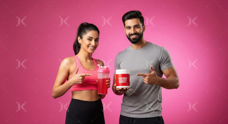 Happy Fit Couple Promoting Energy Boost Supplements and Drinks