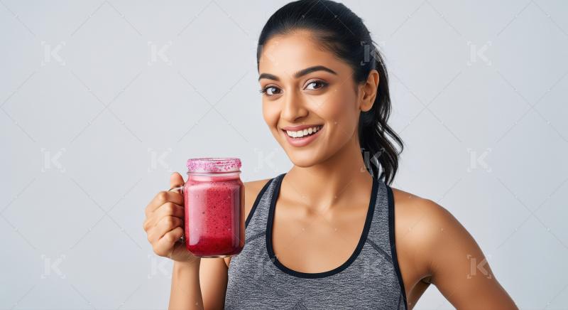 Healthy Indian Woman Smiles, Holding Refreshing Berry Smoothie