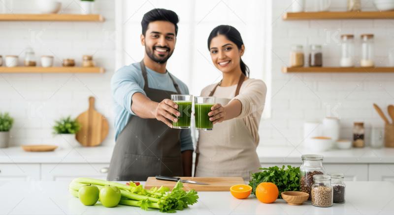 Happy Indian Couple Offering Healthy Green Smoothies in Kitchen
