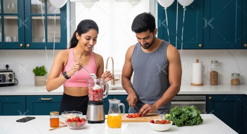 Young Indian Couple Making Healthy Fruit Smoothie in Modern Kitc