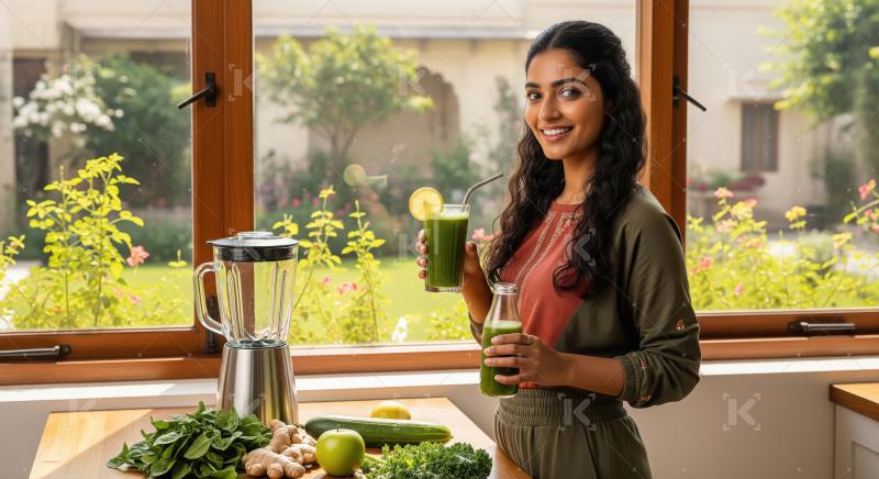 Joyful Woman Holding Fresh Green Smoothies and Healthy Ingredien