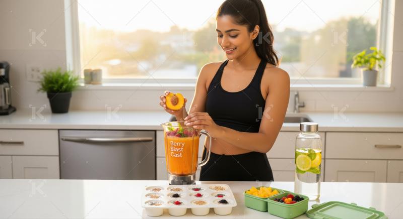 Woman Preparing Healthy Smoothie and Snacks in Bright Kitchen