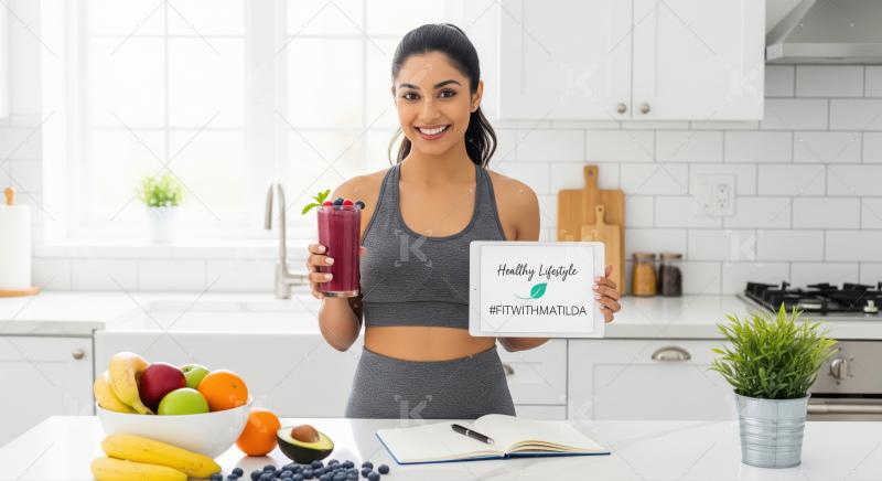 Smiling Woman Promoting Healthy Lifestyle with Smoothie and Fres