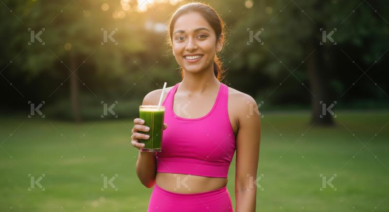 Young Indian Woman Enjoys Healthy Green Smoothie in Park