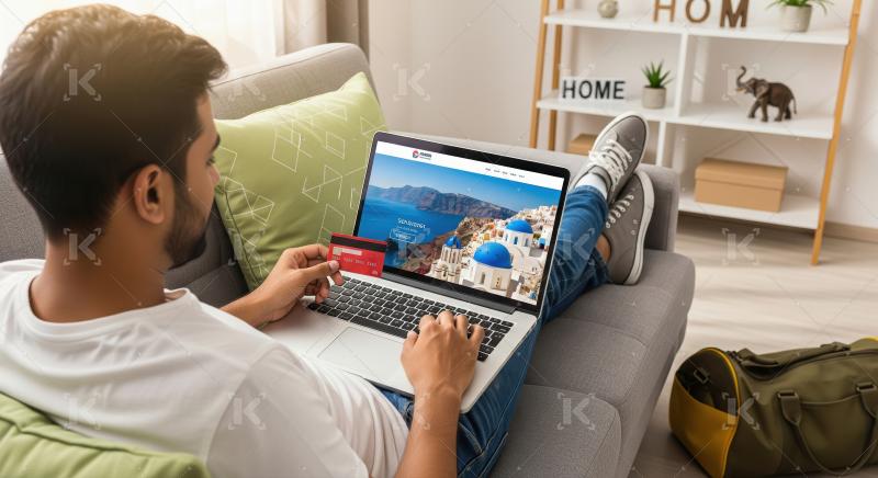 Man booking travel online with credit card at home