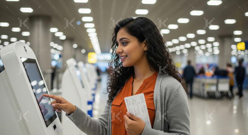 Young Woman Using Airport Self-Service Check-in Kiosk