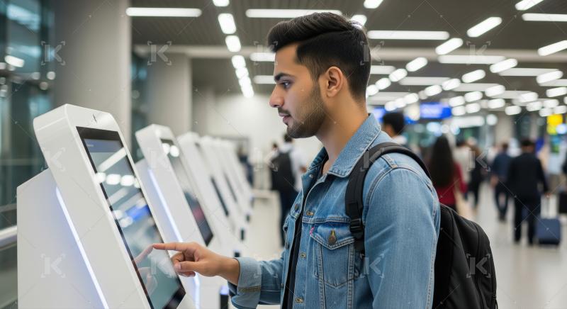 Young Man Using Self-Service Kiosk at a Modern Airport