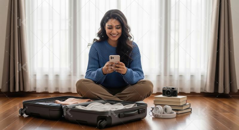 Happy Woman Uses Smartphone While Preparing for Travel