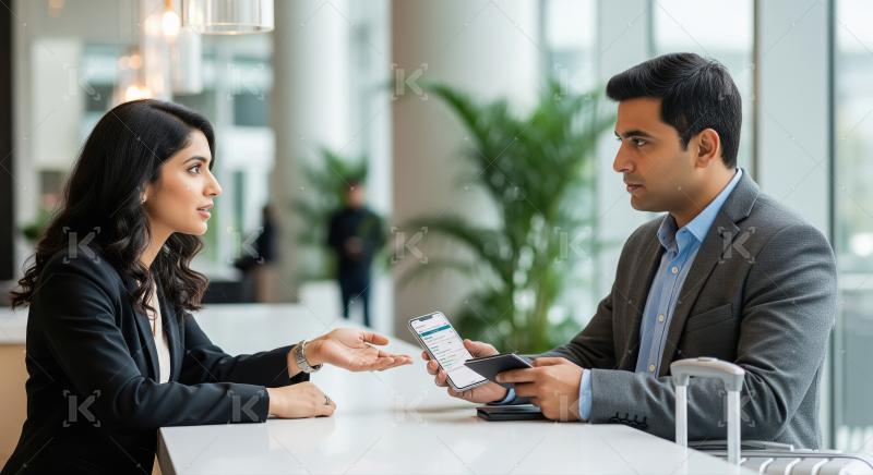 Business Travelers Discuss Plans Using Smartphone and Passport