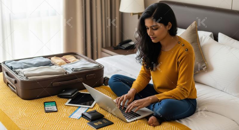 Young Woman Planning Travel, Working on Laptop in Hotel Room