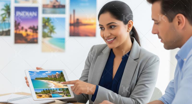 Travel Agent Showing Beach Resort Destinations on Digital Tablet