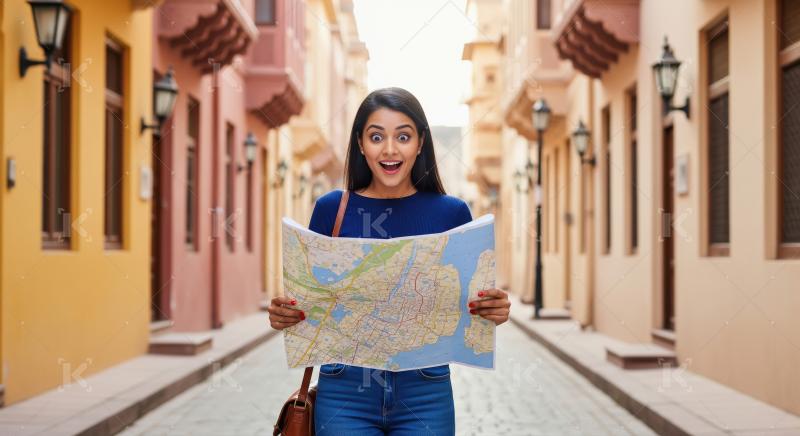 Excited woman explores charming city street with map.