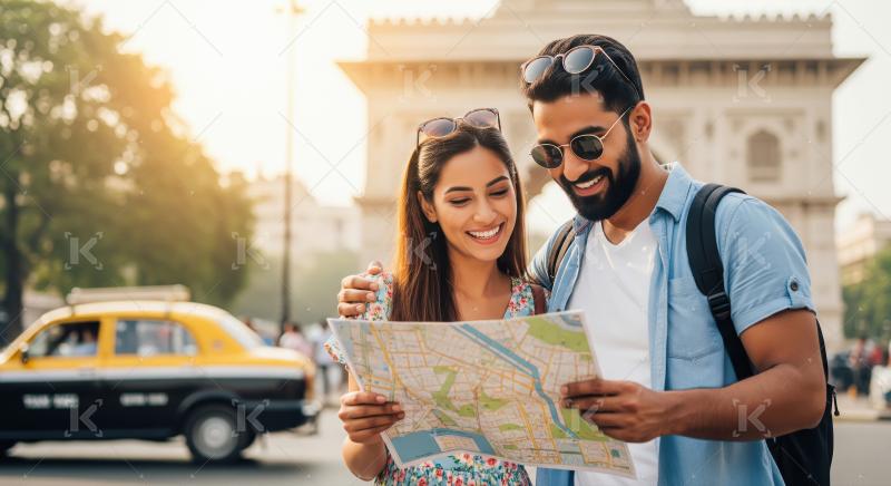 Happy Couple Navigates City with Map on Sunny Day