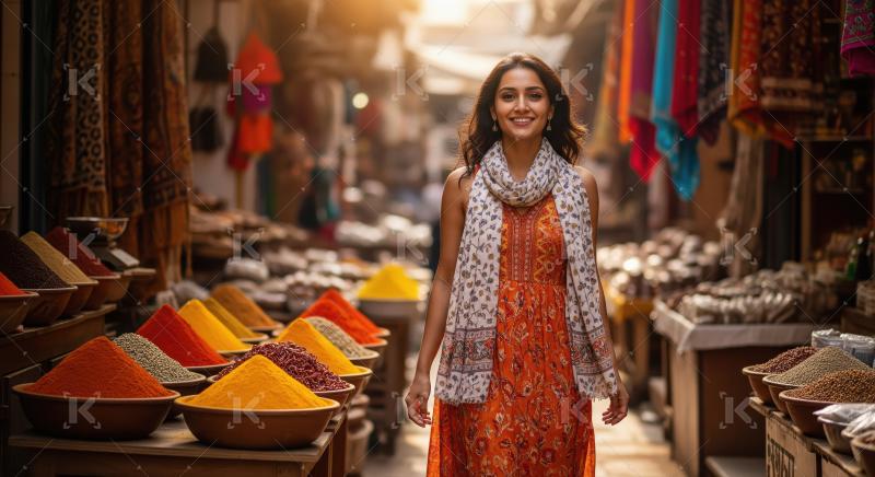 Smiling Indian Woman Explores Vibrant Spice Market