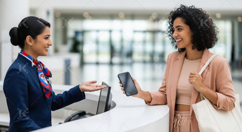 Airline Staff Assists Smiling Customer with Mobile Check-in