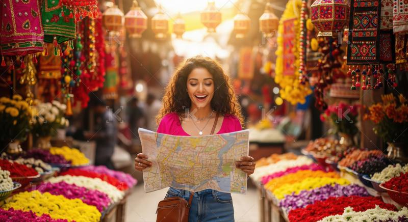 Smiling Woman Exploring Colorful Indian Market with Map
