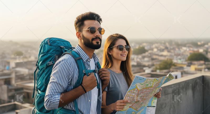Couple of tourists exploring city rooftop with map