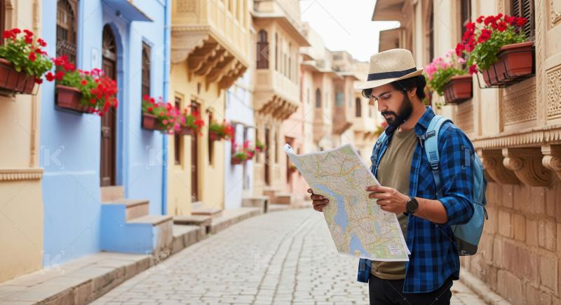 Bearded Traveler Consulting Map in Historic City Street