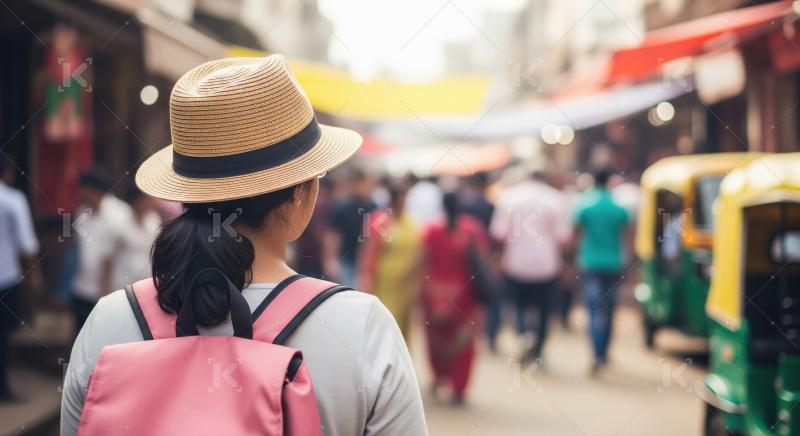 Female traveler exploring bustling Asian street market scene