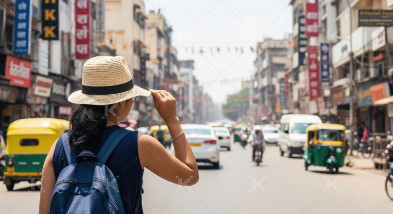 Woman in hat observing a bustling Indian city street scene