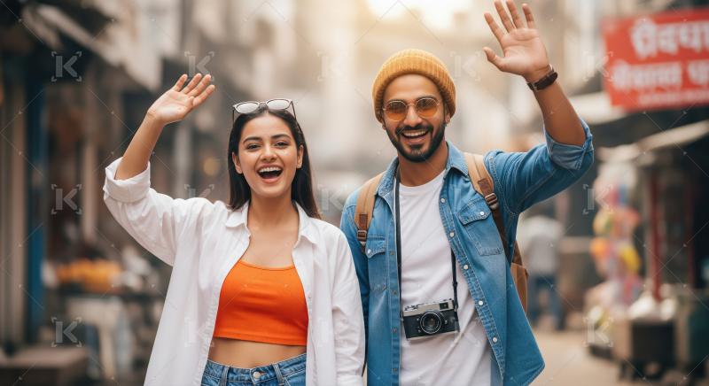 Happy diverse young tourists waving hello on a vibrant street.