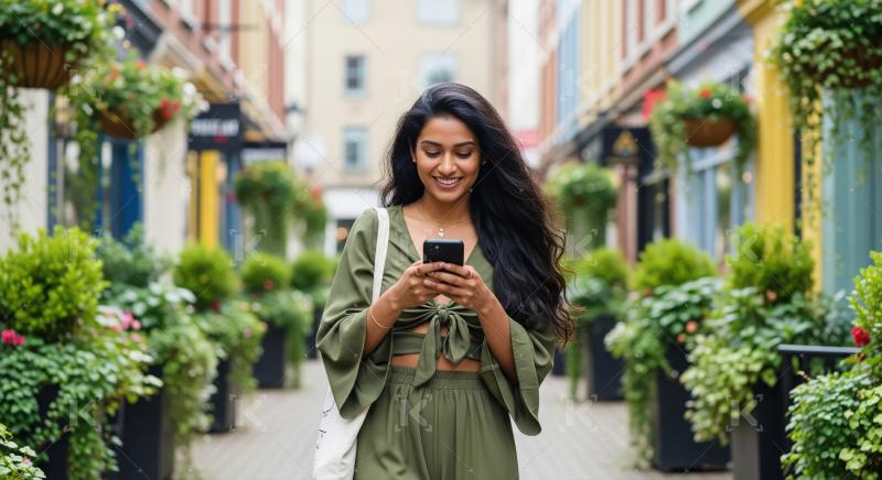 Young Indian woman using phone on a vibrant urban street