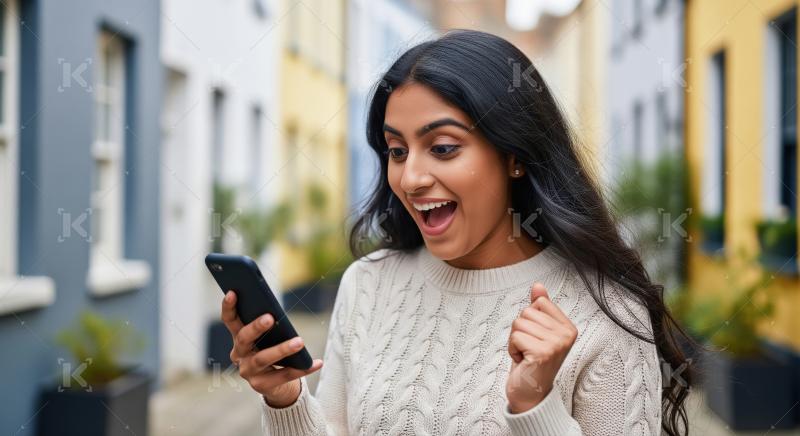 Excited Indian Woman Celebrates Good News on Smartphone Outdoors