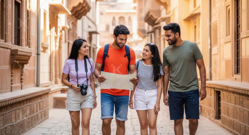 Happy Indian Friends Exploring Ancient City with Map