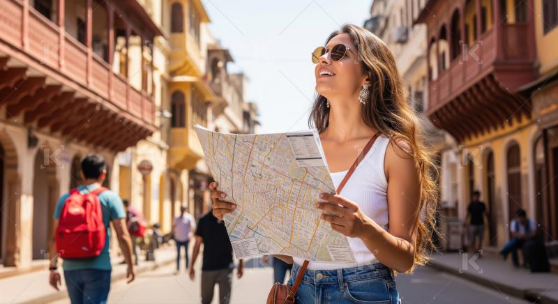 Smiling Woman Tourist Navigating Historic City Street with Map