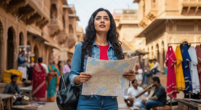 Young Indian Woman Explores Vibrant Historic City with Map