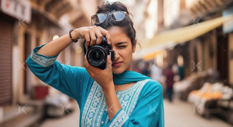 Young Woman Photographer Capturing Street Life on an Indian Stre