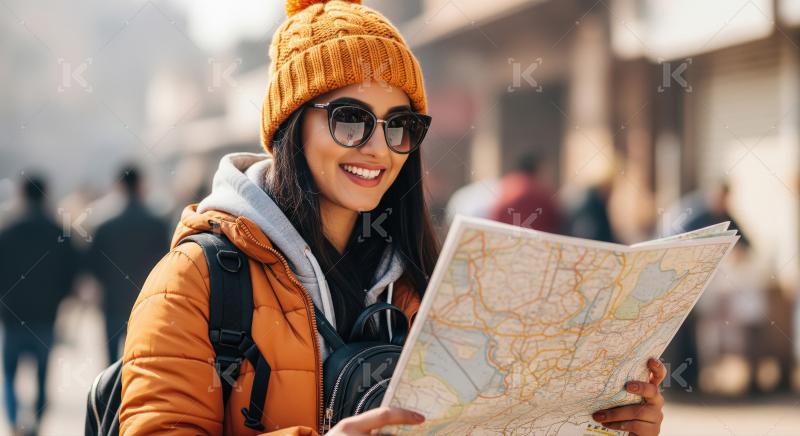 Happy Traveler Woman in Beanie Smiles Holding Map Outdoors