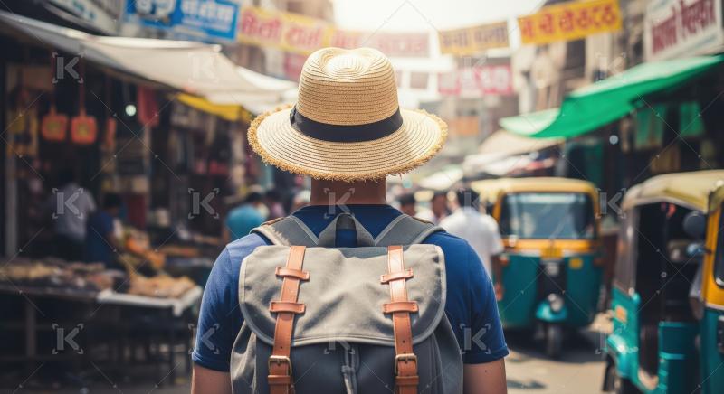 Traveler with backpack exploring bustling Asian street market