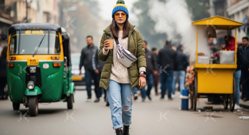Stylish Woman Enjoying Coffee on a Busy Urban Street