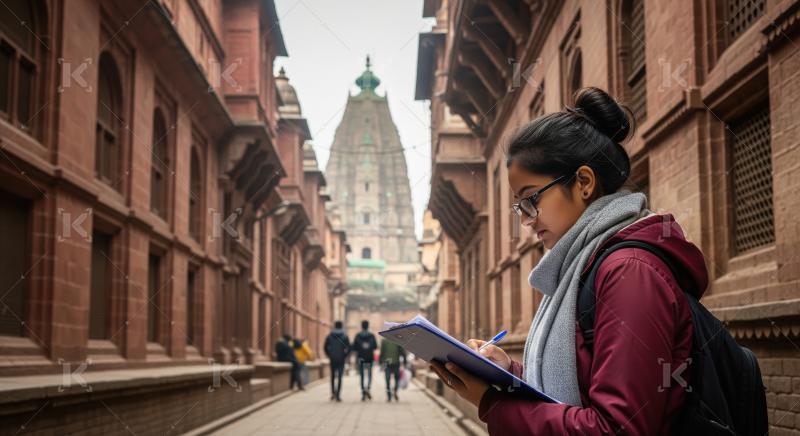 Young Woman Documenting Ancient City Architecture with Temple Vi