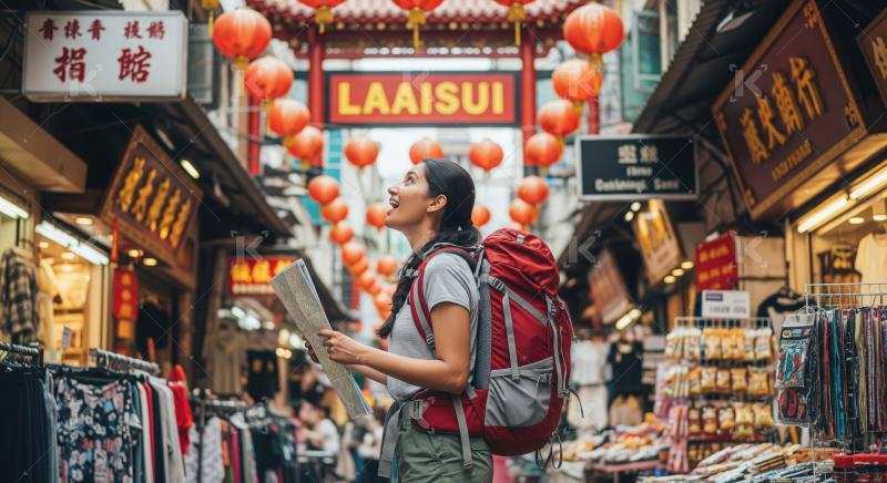 Female Traveler Exploring Vibrant Asian Street Market