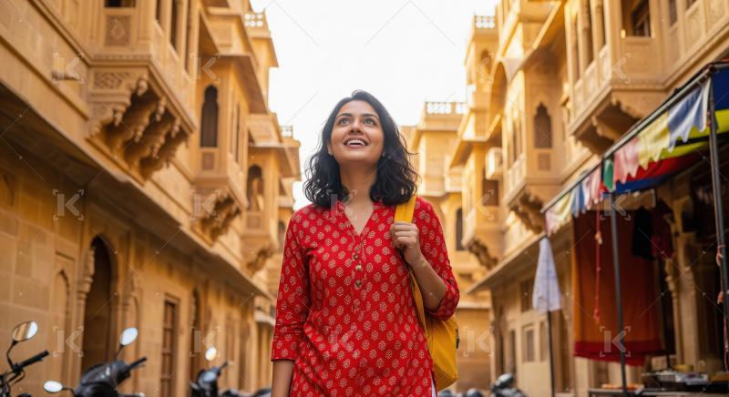 Joyful Indian woman exploring ancient city architecture