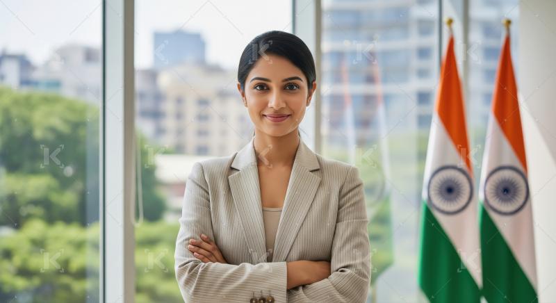 Confident Indian Businesswoman in Modern Office with Flags